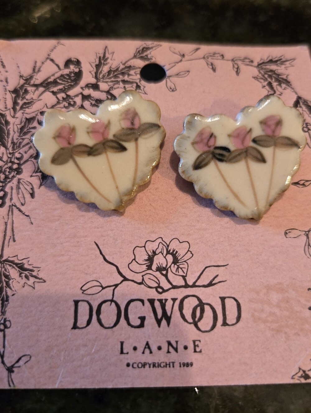 Vintage Dogwood Lane 1989 Heart Floral Porcelain Earrings, Cottagecore, Romantic